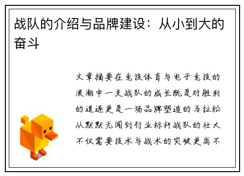 战队的介绍与品牌建设：从小到大的奋斗