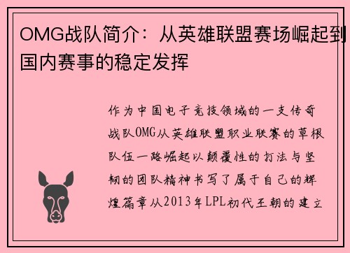 OMG战队简介：从英雄联盟赛场崛起到国内赛事的稳定发挥
