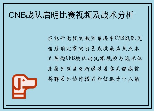 CNB战队启明比赛视频及战术分析