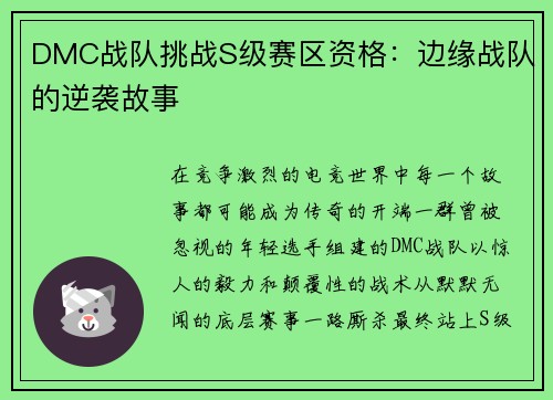 DMC战队挑战S级赛区资格：边缘战队的逆袭故事